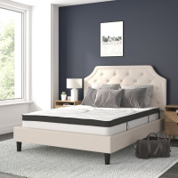 Flash Furniture SL-BM10-3-GG Brighton Queen Size Tufted Upholstered Platform Bed in Beige Fabric with 10 Inch CertiPUR-US Certified Pocket Spring Mattress