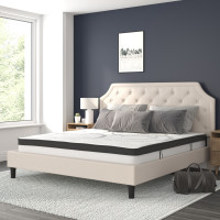 Flash Furniture SL-BM10-4-GG Brighton King Size Tufted Upholstered Platform Bed in Beige Fabric with 10 Inch CertiPUR-US Certified Pocket Spring Mattress