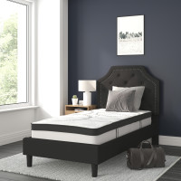 Flash Furniture SL-BM10-5-GG Brighton Twin Size Tufted Upholstered Platform Bed in Black Fabric with 10 Inch CertiPUR-US Certified Pocket Spring Mattress