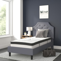 Flash Furniture SL-BM10-9-GG Brighton Twin Size Tufted Upholstered Platform Bed in Light Gray Fabric with 10 Inch CertiPUR-US Certified Pocket Spring Mattress