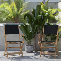 Flash Furniture THB-AC4854-NAT-GG Martindale Indoor/Outdoor Folding Acacia Wood Patio Bistro Chairs with Natural X Base Frame with Arms and Black Textilene Back and Seat, Set of 2