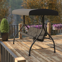 Flash Furniture TLH-007-BK-GG 3-Seat Outdoor Steel Converting Patio Swing Canopy Hammock with Cushions / Outdoor Swing Bed (Black)