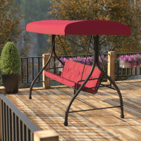 Flash Furniture TLH-007-MRN-GG 3-Seat Outdoor Steel Converting Patio Swing Canopy Hammock with Cushions / Outdoor Swing Bed (Maroon)