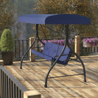 Flash Furniture TLH-007-NV-GG Tellis 3-Seat Outdoor Steel Converting Patio Swing Canopy Hammock with Cushions / Outdoor Swing Bed (Navy)