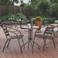 Flash Furniture TLH-071RD-017CBZ2-GG Lila 23.75'' Round Glass Top Metal Table with 2 Bronze Aluminum Slat Stack Chairs