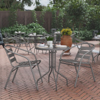 Flash Furniture TLH-071RD-017CSV2-GG Lila 23.75'' Round Glass Top Metal Table with 2 Silver Aluminum Slat Stack Chairs