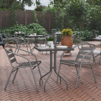Flash Furniture TLH-0731SQ-017CSV2-GG Lila 23.5'' Square Glass Top Metal Table with 2 Silver Aluminum Slat Stack Chairs