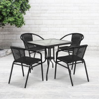 Flash Furniture TLH-073SQ-037BK4-GG 28" Square Glass Metal Table with Black Rattan Edging and 4 Black Rattan Stack Chairs