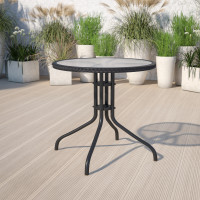 Flash Furniture TLH-087-BK-GG 28" Round Tempered Glass Metal Table with Black Rattan Edging