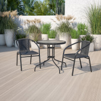 Flash Furniture TLH-087RD-037BK2-GG 28" Round Glass Metal Table with Black Rattan Edging and 2 Black Rattan Stack Chairs