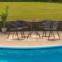 Flash Furniture TLH-087RD-037BK4-GG 28" Round Glass Metal Table with Black Rattan Edging and 4 Black Rattan Stack Chairs