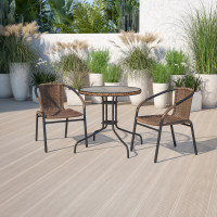 Flash Furniture TLH-087RD-037BN2-GG 28" Round Glass Metal Table with Dark Brown Rattan Edging and 2 Dark Brown Rattan Stack Chairs