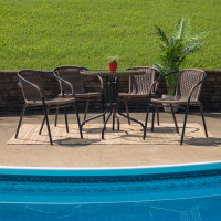 Flash Furniture TLH-087RD-037BN4-GG 28" Round Glass Metal Table with Dark Brown Rattan Edging and 4 Dark Brown Rattan Stack Chairs