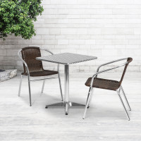 Flash Furniture TLH-ALUM-24SQ-020CHR2-GG 23.5" Square Aluminum Indoor-Outdoor Table with 2 Rattan Chairs