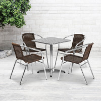 Flash Furniture TLH-ALUM-24SQ-020CHR4-GG 23.5" Square Aluminum Indoor-Outdoor Table with 4 Rattan Chairs