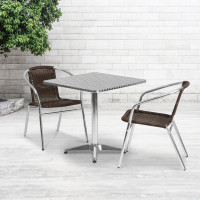 Flash Furniture TLH-ALUM-28SQ-020CHR2-GG 27.5" Square Aluminum Indoor-Outdoor Table with 2 Rattan Chairs