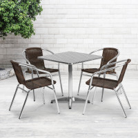 Flash Furniture TLH-ALUM-28SQ-020CHR4-GG 27.5" Square Aluminum Indoor-Outdoor Table with 4 Rattan Chairs