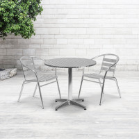 Flash Furniture TLH-ALUM-32RD-017BCHR2-GG 31.5" Round Aluminum Indoor-Outdoor Table with 2 Slat Back Chairs