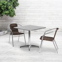 Flash Furniture TLH-ALUM-32SQ-020CHR2-GG 31.5" Square Aluminum Indoor-Outdoor Table with 2 Rattan Chairs