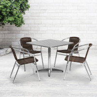 Flash Furniture TLH-ALUM-32SQ-020CHR4-GG 31.5" Square Aluminum Indoor-Outdoor Table with 4 Rattan Chairs