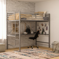 Flash Furniture TLN-YH0226-T-GRY-GG Jake Loft Bed Frame with Desk, Twin Size Metal Bed Frame with Protective Guard Rails & Ladder for Kids, Teens and Adults - Gray