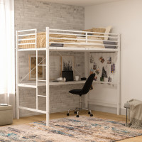Flash Furniture TLN-YH0226-T-WHT-GG Jake Loft Bed Frame with Desk, Twin Size Metal Bed Frame with Protective Guard Rails & Ladder for Kids, Teens and Adults - White