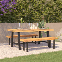 Flash Furniture TT-TT01122-1A-NAT-GG Rafe Commercial Grade Acacia Wood Dining Table with Metal Base, Indoor/Outdoor Rectangle Patio Table with Plank Style Table Top, Natural/Black