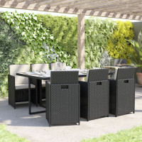 Flash Furniture TW-3WBE00-GY-GG Peregrine 7 Piece Outdoor Patio Dining Set, Space Saving Black Wicker Modular Chairs-Cream Cushions & Gray Acacia Wood Table Top