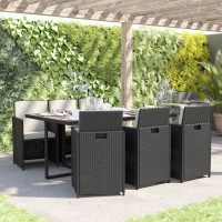 Flash Furniture TW-3WBE00-NAT-GG Peregrine 7 Piece Outdoor Patio Dining Set, Space Saving Black Wicker Modular Chairs-Cream Cushions & Natural Acacia Wood Table Top