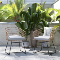 Flash Furniture TW-VN015-15-NAT-LGY-GG Devon Set of 2 Indoor/Outdoor Patio Boho Club Chairs, Rope with Natural PE Wicker Rattan, Light Gray Cushions and Sled Base