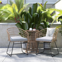 Flash Furniture TW-VN01516-NAT-LGY-GG Devon 3-Piece Natural Patio Bistro Set, Indoor/Outdoor Rattan Rope Chairs, Acacia Wood Top Table & Light Gray Seat Cushions