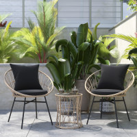 Flash Furniture TW-VN017-18-TAN-BK-GG Devon 3-Piece Tan Indoor/Outdoor Bistro Set, Papasan Style Rattan Rope Chairs, Glass Top Side Table & Black Cushions