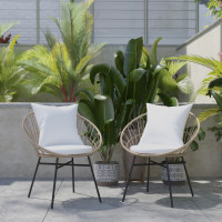 Flash Furniture TW-VN017-TAN-GG Devon Set of 2 Indoor/Outdoor Modern Papasan Patio Chairs, Rope with Tan Finish PE Wicker Rattan and Light Gray Cushions