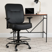 Flash Furniture HERCULES Series 400 lb. Capacity Big & Tall Black Leather Drafting Stool with Arms and Extra WIDE Seat WL-735SYG-BK-LEA-AD-GG