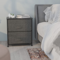 Flash Furniture WX-5L200-BK-GR-GG 2 Drawer Wood Top Black Nightstand Storage Organizer with Cast Iron Frame and Dark Gray Easy Pull Fabric Drawers