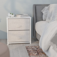Flash Furniture WX-5L200-WH-GR-GG 2 Drawer Wood Top White Nightstand Storage Organizer with Cast Iron Frame and Light Gray Easy Pull Fabric Drawers