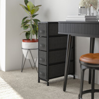 Flash Furniture WX-5L203-BK-GR-GG 4 Drawer Slim Wood Top Black Cast Iron Frame Vertical Storage Dresser with Dark Gray Easy Pull Fabric Drawers