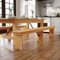 Flash Furniture XA-B-96X12-L-LN-GG HERCULES 8' x 12'' Antique Rustic Light Natural Solid Pine Folding Farm Bench with 3 Legs