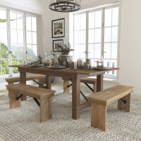 Flash Furniture XA-FARM-1-GG HERCULES Series 7' x 40'' Antique Rustic Folding Farm Table and Four Bench Set 