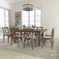 Flash Furniture XA-FARM-10-GG HERCULES Series 7' x 40'' Antique Rustic Folding Farm Table Set with 8 Cross Back Chairs and Cushions 