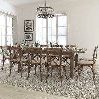 Flash Furniture XA-FARM-13-GG HERCULES Series 8' x 40'' Antique Rustic Folding Farm Table Set with 10 Cross Back Chairs and Cushions 