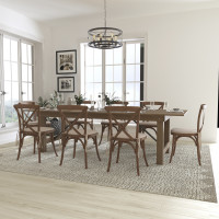 Flash Furniture XA-FARM-14-GG HERCULES Series 9' x 40'' Antique Rustic Folding Farm Table Set with 8 Cross Back Chairs and Cushions 