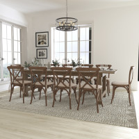 Flash Furniture XA-FARM-15-GG HERCULES Series 9' x 40'' Antique Rustic Folding Farm Table Set with 10 Cross Back Chairs and Cushions 