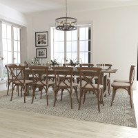 Flash Furniture XA-FARM-16-GG HERCULES Series 9' x 40'' Antique Rustic Folding Farm Table Set with 12 Cross Back Chairs and Cushions 