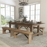 Flash Furniture XA-FARM-2-GG HERCULES Series 8' x 40'' Antique Rustic Folding Farm Table and Four Bench Set 