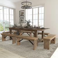 Flash Furniture XA-FARM-3-GG HERCULES Series 8' x 40'' Antique Rustic Folding Farm Table and Six Bench Set 