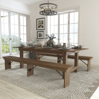 Flash Furniture XA-FARM-4-GG HERCULES Series 8' x 40'' Antique Rustic Folding Farm Table and Two Bench Set 