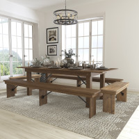 Flash Furniture XA-FARM-5-GG HERCULES Series 8' x 40'' Antique Rustic Folding Farm Table and Four Bench Set 
