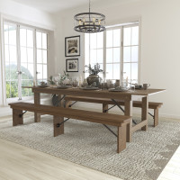 Flash Furniture XA-FARM-6-GG HERCULES Series 9' x 40'' Antique Rustic Folding Farm Table and Two Bench Set 