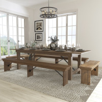 Flash Furniture XA-FARM-7-GG HERCULES Series 9' x 40'' Antique Rustic Folding Farm Table and Four Bench Set 